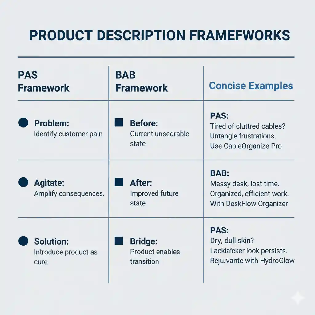 Infographic comparing PAS (Problem, Agitation, Solution) and BAB (Before, After, Bridge) with sample lines